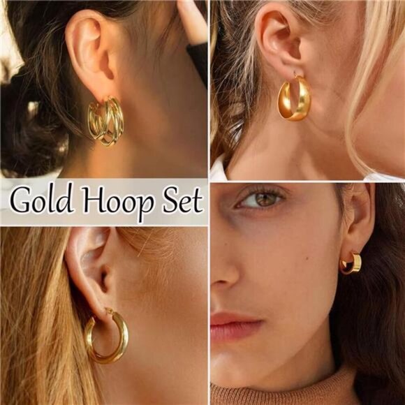 45 Pairs Gold Hoop Earrings Set for Women Multipack, Hypoallergenic Chunky - Picture 3 of 6